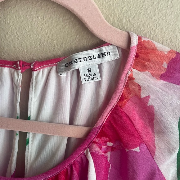 Bright Pink Floral Tiered Casual Dress with Green Accents - Women's - Picture 3 of 9